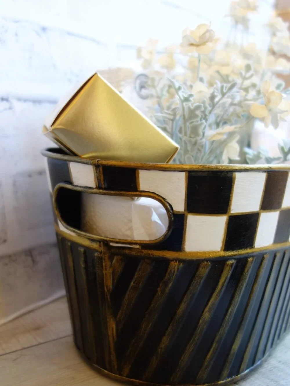 Checked Oval Storage Caddy Bin Black White Checked Mantle Decor Checked Basket